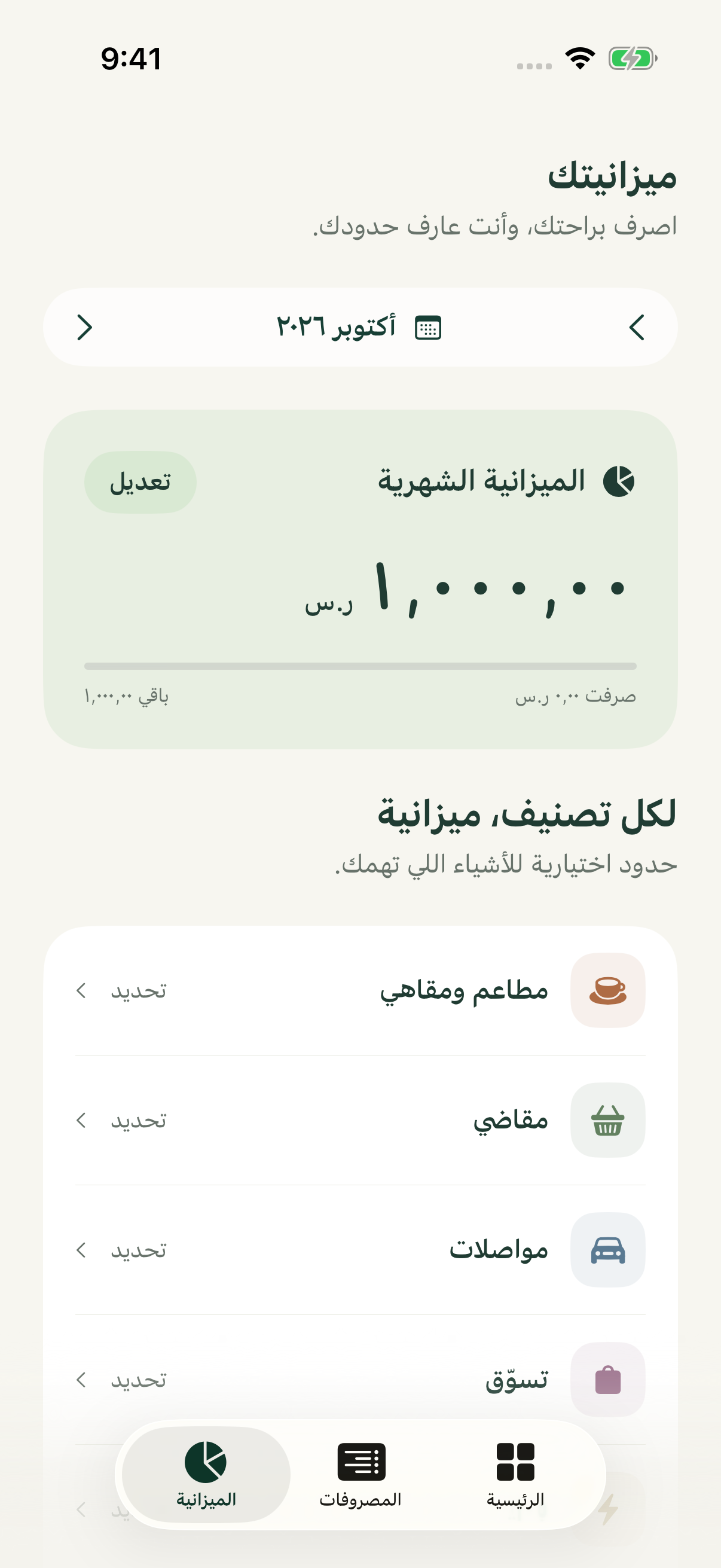 شاشة الميزانيات مع بيانات تجريبية